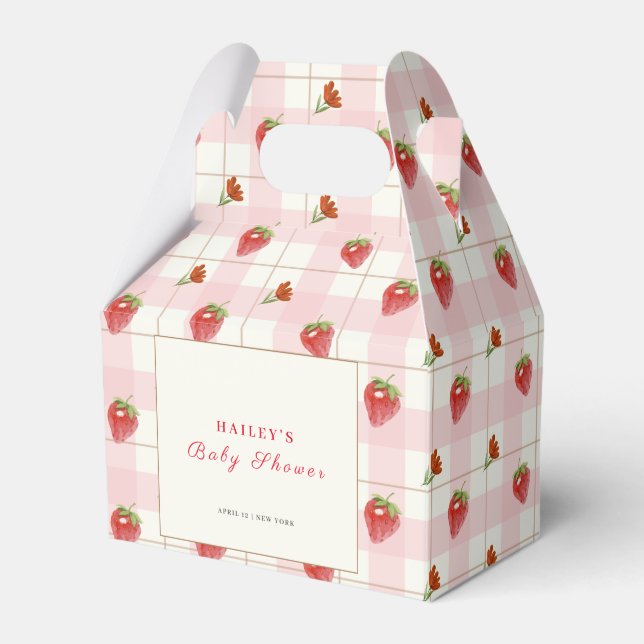 Pink Strawberry Sweet Gingham Baby Shower Favor Boxes (Front Side)
