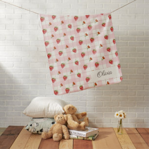 Pink Strawberry Sweet Gingham Monogram Baby Name Baby Blanket