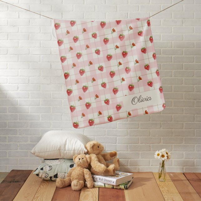 Pink Strawberry Sweet Gingham Monogram Baby Name Baby Blanket (In Situ)