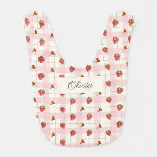 Pink Strawberry Sweet Gingham Monogram Baby Name Bib