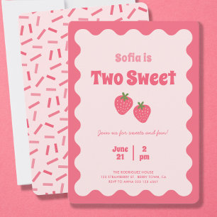 Pink Strawberry Two Sweet Girl Birthday Invitation