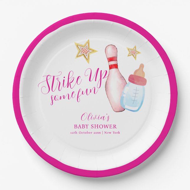 Pink Strike Up Some Fun Bowling Sport Baby Shower  Paper Plates (Front)