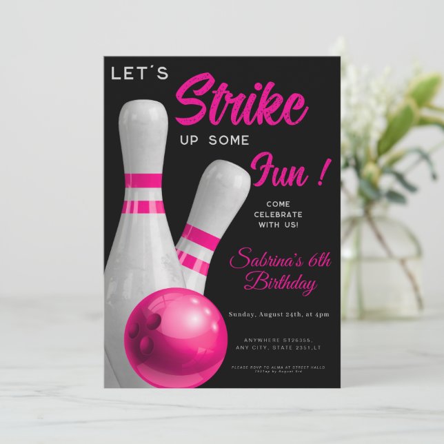 Pink Strike Up Some fun girl bowling birthday Invitation (Standing Front)