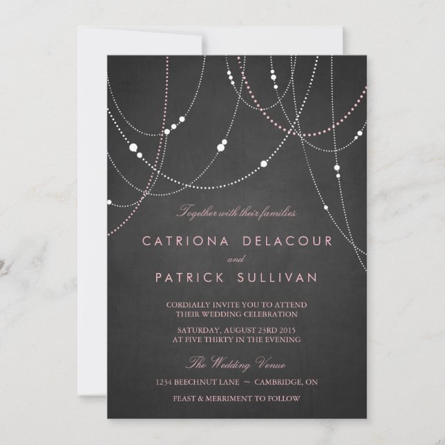 Pink String Lights Chalkboard Wedding Invitation (Front)