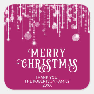 Pink String Lights Christmas Party Favor Square Sticker