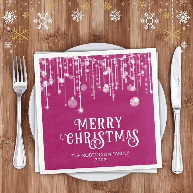 Pink String Lights Christmas Party Paper Dinner Napkins (Creator Uploaded)