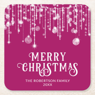 Pink String Lights Christmas Party Square Paper Coaster