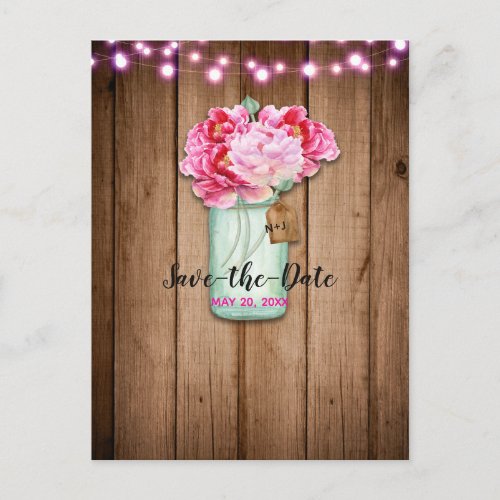 Pink String Lights  Mason Jar Barn Save the Date Announcement Postcard