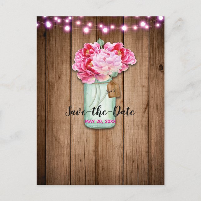 Pink String Lights & Mason Jar Barn Save the Date Announcement Postcard (Front)