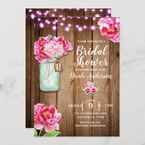 Pink String Lights  Mason Jar Flowers Rustic Wood Invitation