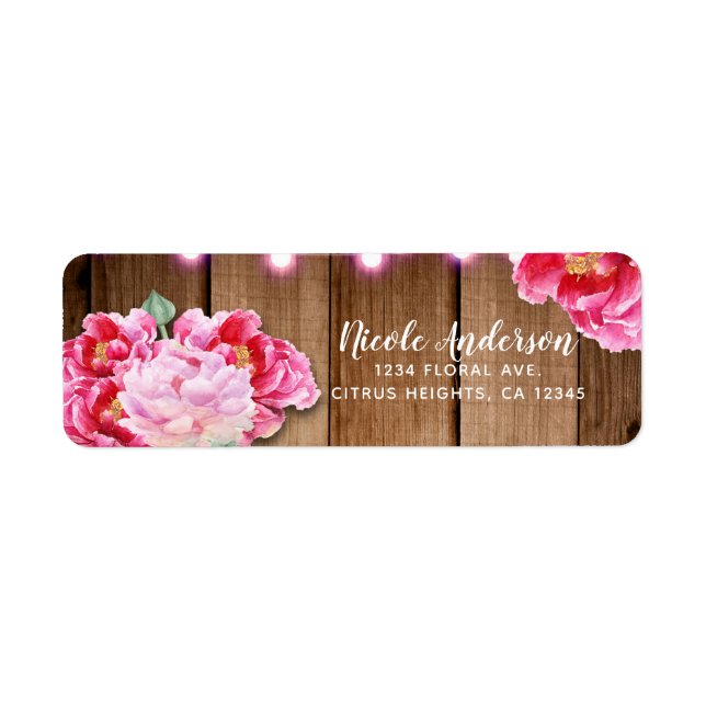 Pink String Lights & Mason Jar Flowers Rustic Wood Label (Front)