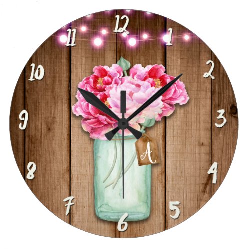 Pink String Lights &amp; Mason Jar Flowers Rustic Wood Large Clock