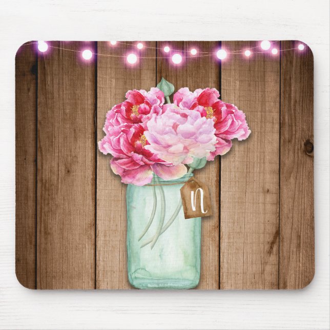 Pink String Lights & Mason Jar Flowers Rustic Wood Mouse Pad (Front)
