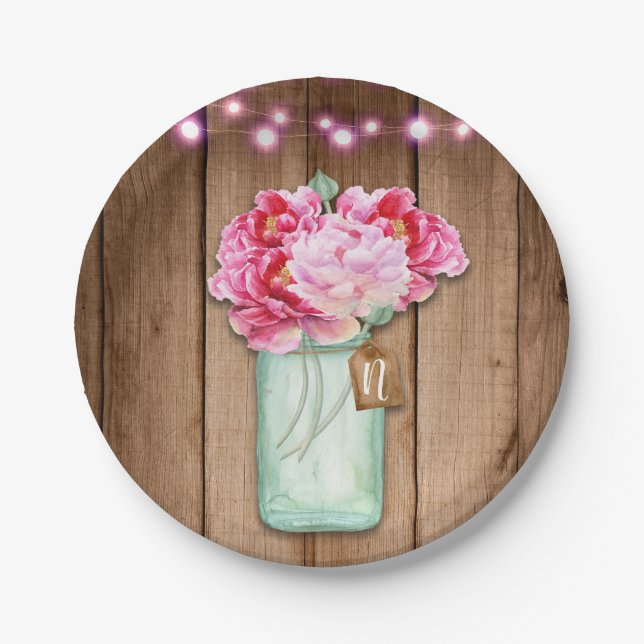 Pink String Lights & Mason Jar Flowers Rustic Wood Paper Plates (Front)