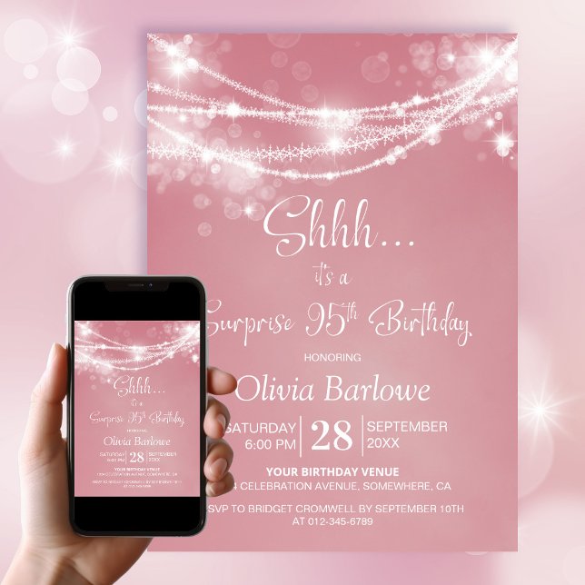 Pink String Lights Surprise 95th Birthday Party Invitation (Creator Uploaded)