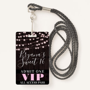 Pink String Lights Sweet 16 Party VIP Pass Badge