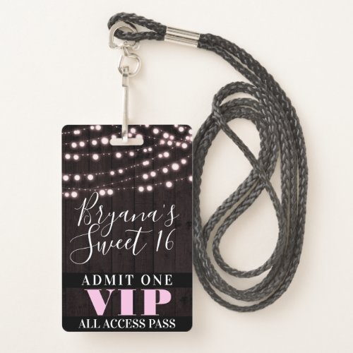 Pink String Lights Sweet 16 Party VIP Pass Badge