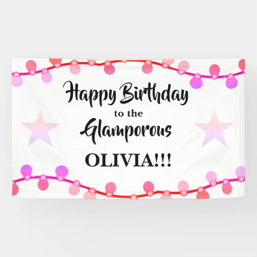 Pink String of Lights Glamporous Happy Birthday  Banner