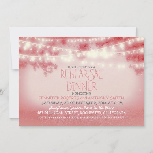pink string of lights rustic rehearsal dinne invite