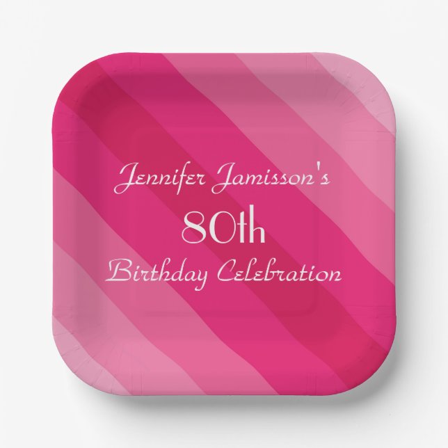 Pink Stripe, 80th Birthday Party, Name  Paper Plates (Front)
