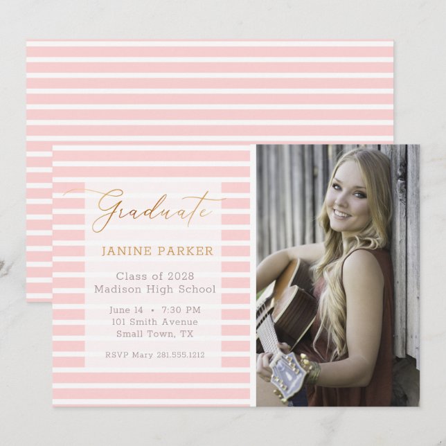 Pink Stripe Add Your Own Photo Graduation Announcement (Front/Back)