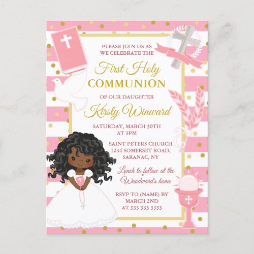 Pink Stripe African American Girl First Communion Postcard