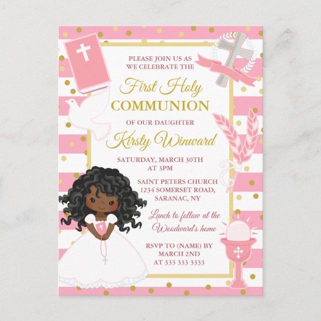 Pink Stripe African American Girl First Communion Postcard (Front)
