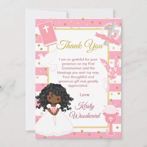 Pink Stripe African American Girl First Communion Thank You Card