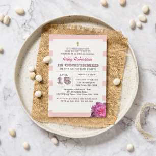 Pink Stripe and Peony Confirmation Invitation