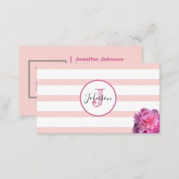 Pink Stripe And Peony Monogrammed Business Card by VisionsandVerses at Zazzle