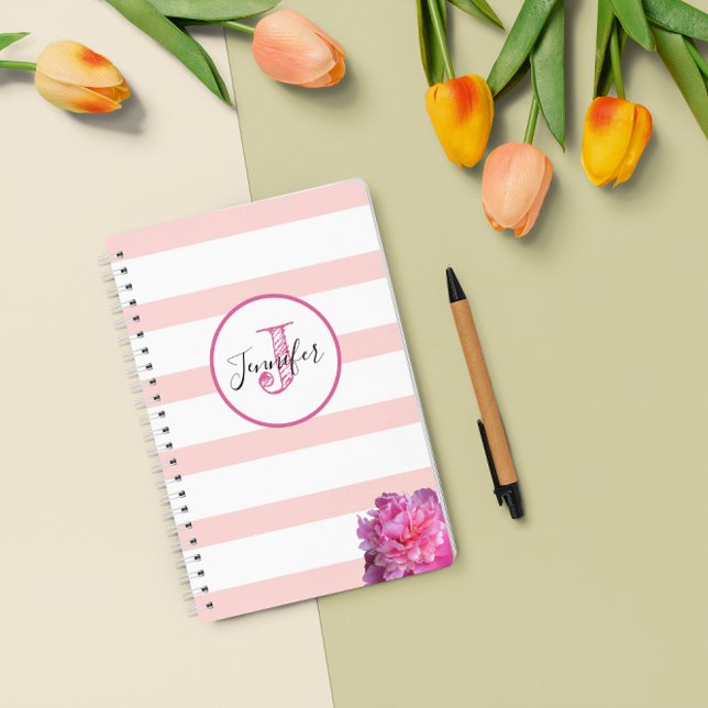 Pink Stripe and Peony Monogrammed Personalized Planner (Creator Uploaded)