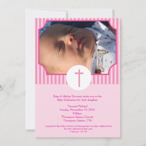 Pink Stripe Baptism Baby Dedication 5x7 photo Custom Invitations