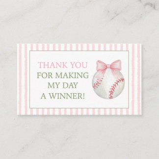Pink Stripe Baseball Thank You Gift Favor Card