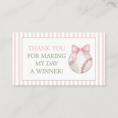 Pink Stripe Baseball Thank You Gift Favor Card