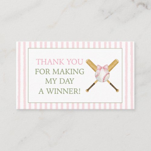 Pink Stripe Baseball Thank You Gift Favor Card