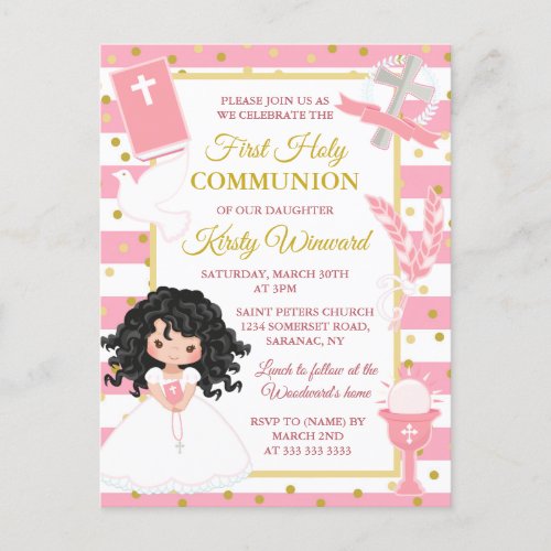 Pink Stripe Black Hair Girl First Communion Postcard