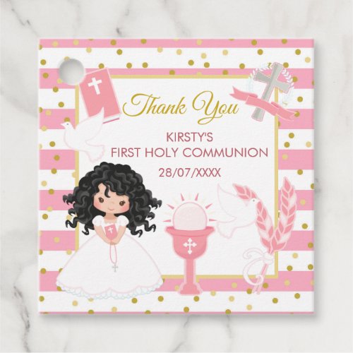 Pink Stripe Black Hair Girl First Holy Communion Favor Tags