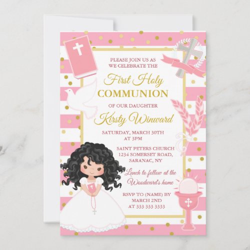 Pink Stripe Black Hair Girl First Holy Communion Invitation