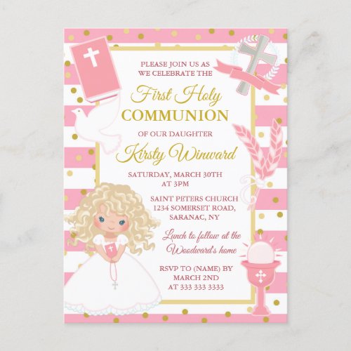 Pink Stripe Blonde Girl First Communion Postcard