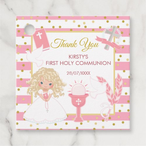 Pink Stripe Blonde Girl First Holy Communion Favor Tags