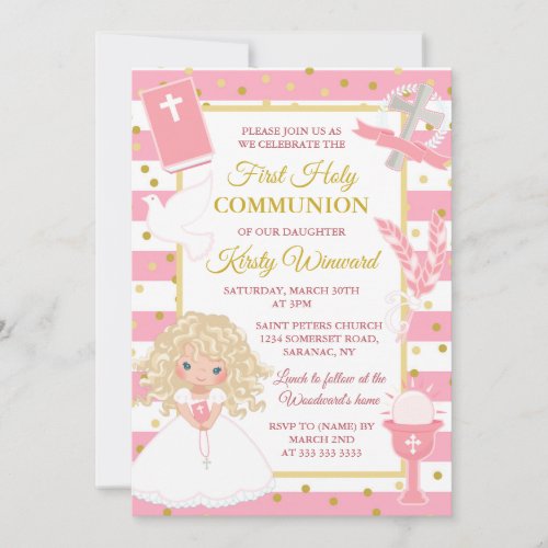 Pink Stripe Blonde Girl First Holy Communion Invitation