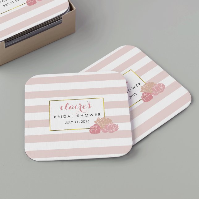 Pink Stripe & Blush Peony Bridal Shower Coasters (Creator Uploaded)