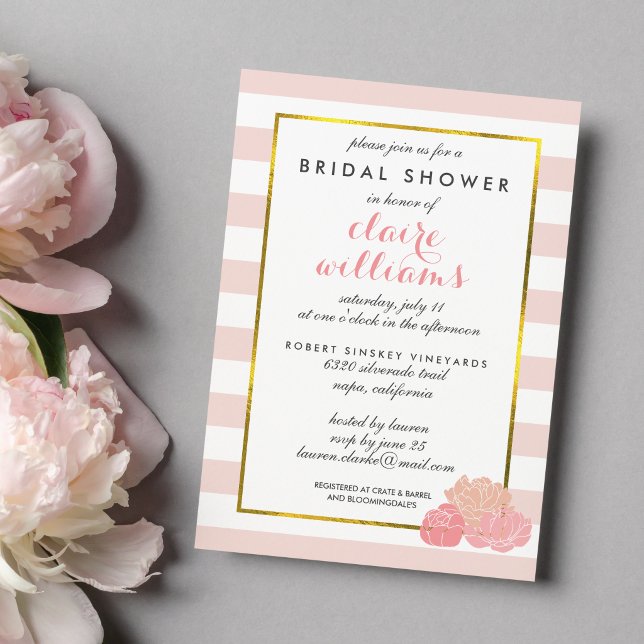 Pink Stripe & Blush Peony Bridal Shower Invitation