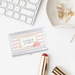 Pink Stripe & Blush Peony Business Card Holder<br><div class="desc">This sleek and feminine business card holder features a delicate pink stripe background, faux gold border, and a group of peonies in pretty blush tones. Coordinates with our Pink Stripe & Blush Peony invitation suites, office supplies, home goods and accessories -- matching business cards available in both regular and magnetic...</div>