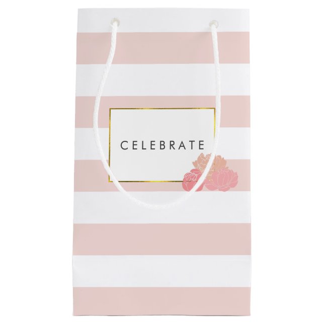 Pink Stripe & Blush Peony Personalized Gift Bag (Front)