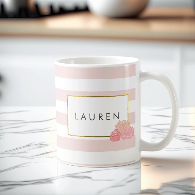 Pink Stripe & Blush Peony Personalized Mug (Creator Uploaded)