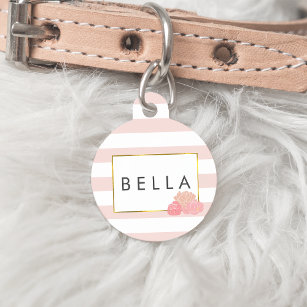 Pink Stripe & Blush Peony Personalized Pet Tag