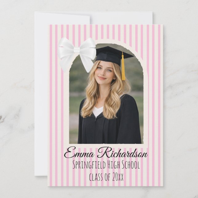 Pink Stripe Bow Graduation Invitation (Front)