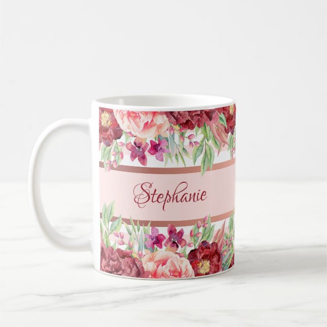Pink Stripe Burgundy Floral Personalized Name Coffee Mug (Left)