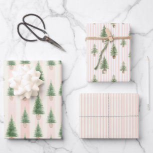 Pink Stripe Christmas Tree Watercolor Holiday Wrapping Paper Sheets